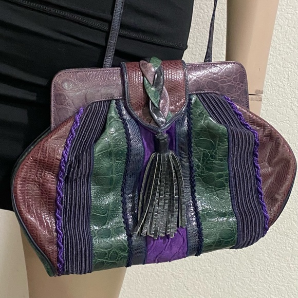 Vintage SHARIF Lizard Croc Leather PatchworkConvertible Clutch Shoulder Bag